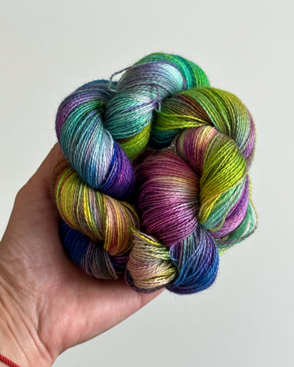 Cashgora hand dyed yarn colors Blue purple green lemon