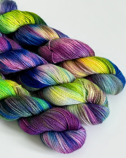 Cashgora hand dyed yarn colors Blue purple green lemon