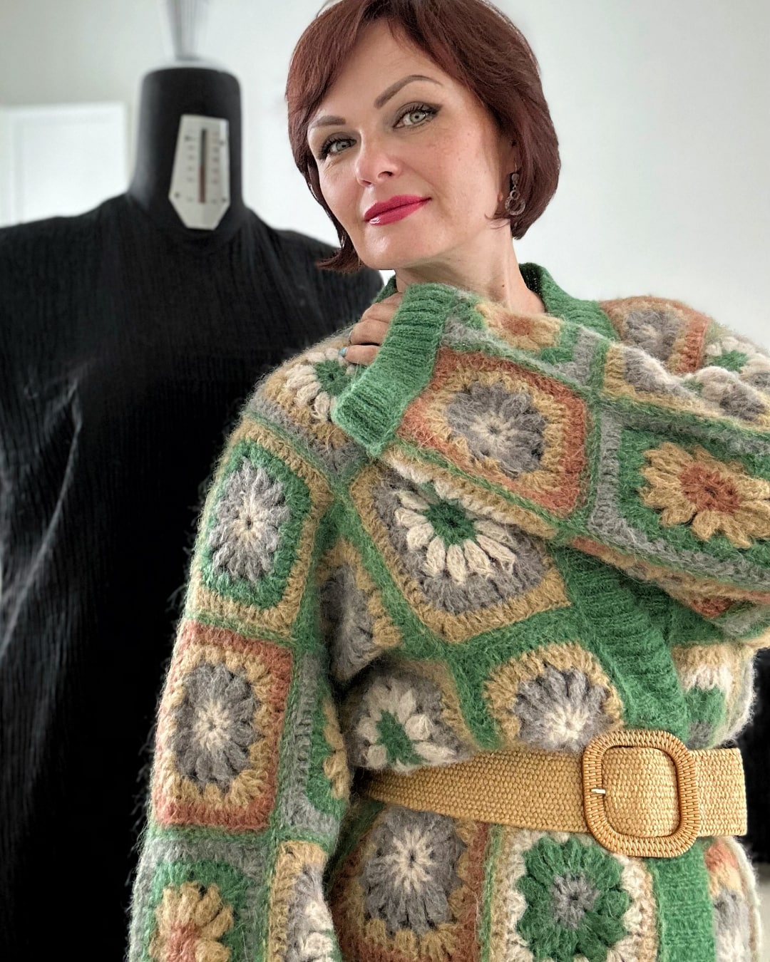 Crochet alpaca cardigan with silk copper color