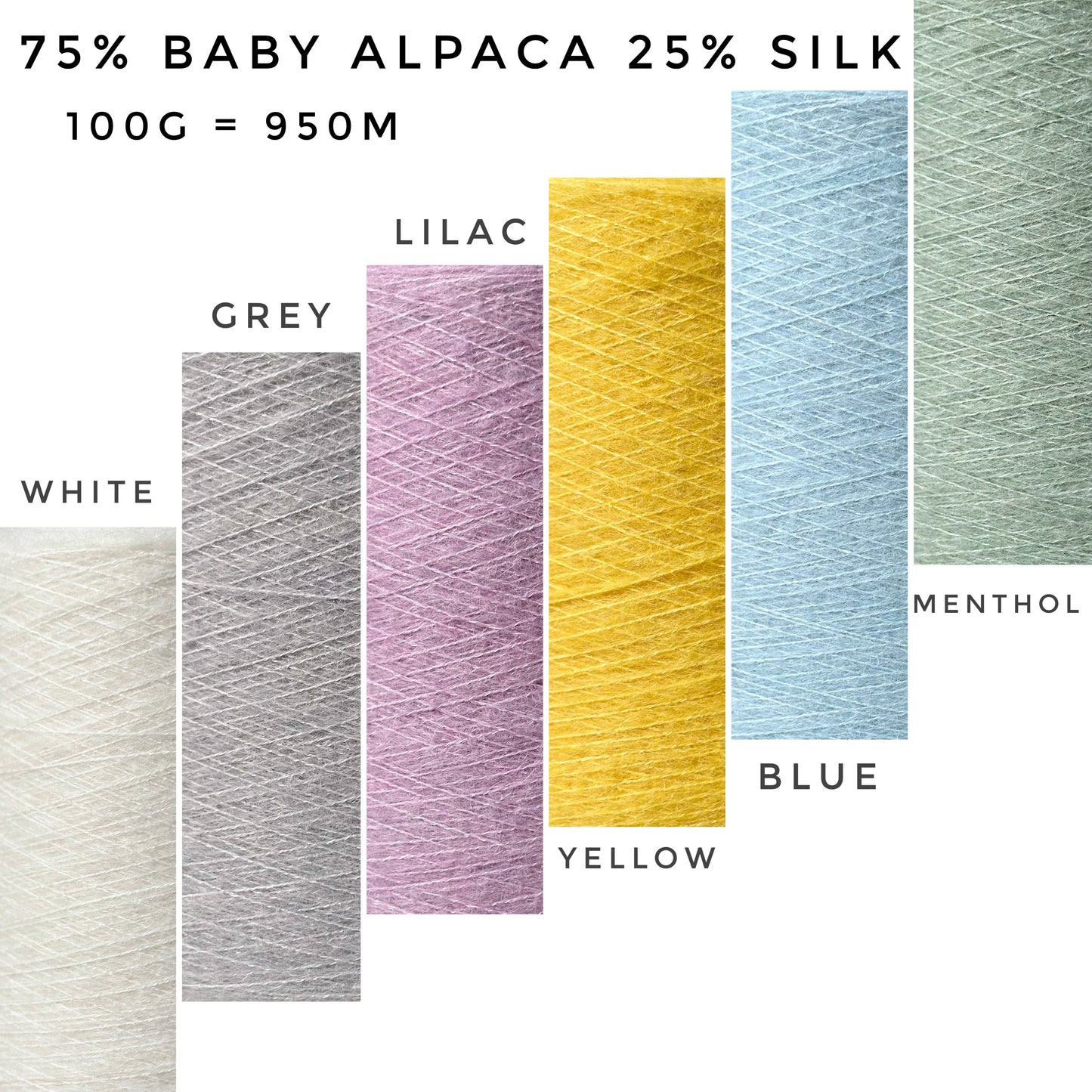 75% baby alpaca 25% seta Colore filato Bianco