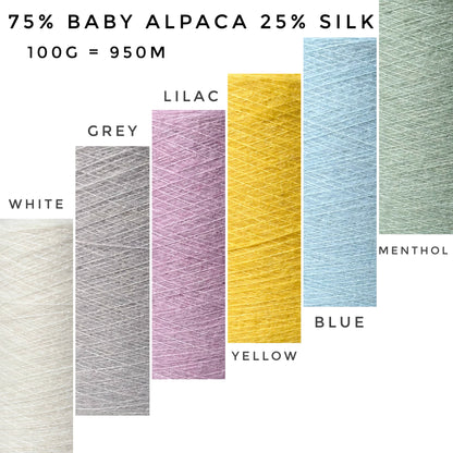 75% baby alpaca 25% silk Yarn color Menthol